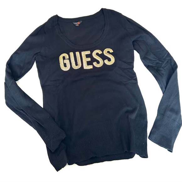 G by Guess Scoop Neck Black Sweater with Gold Sequin Logo - Picture 3 of 6